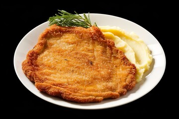a Viennese veal escalope, fried meat Schnitzel steak with mashed potatoes on a white plate