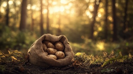 Freshly harvested potatoes in a burlap sack on the forest floor