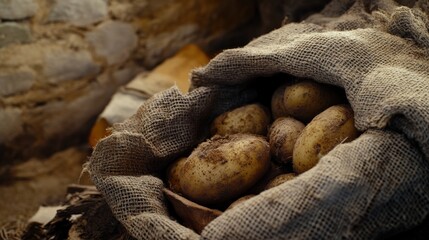Obraz premium Freshly harvested potatoes in a burlap sack on a rustic background