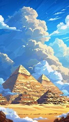 Stunning image of egyptian pyramids under bright sunlight against a deep blue sky with clouds