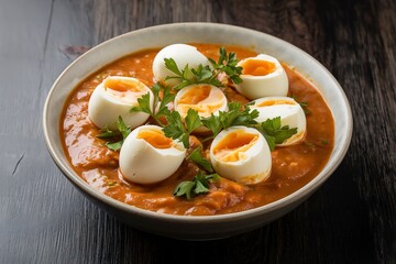 A bowl filled with a curry-like dish containing several boiled eggs