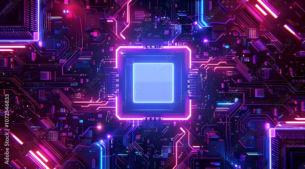 Poster close-up view of a futuristic motherboard with neon lighting surrounding a central processor. the gl