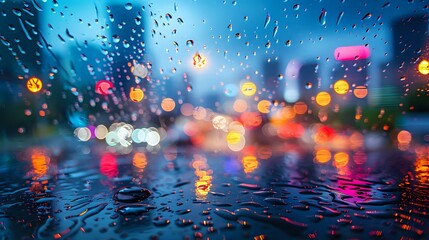 A city street captured through a rainy window, with vibrant lights blurred in the background, creating a bokeh effect. The wet surface adds a reflective, atmospheric touch to the scene.