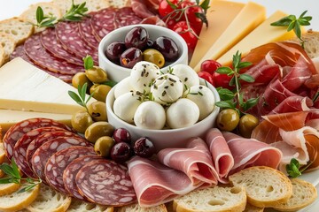 A photo of a vibrant and appetizing antipasto platter with various meats