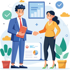 People shaking hands at work - Two businesspeople, man and woman doing handshake in office at work while smiling over business agreement and deal. Flat design stock illustration on white background