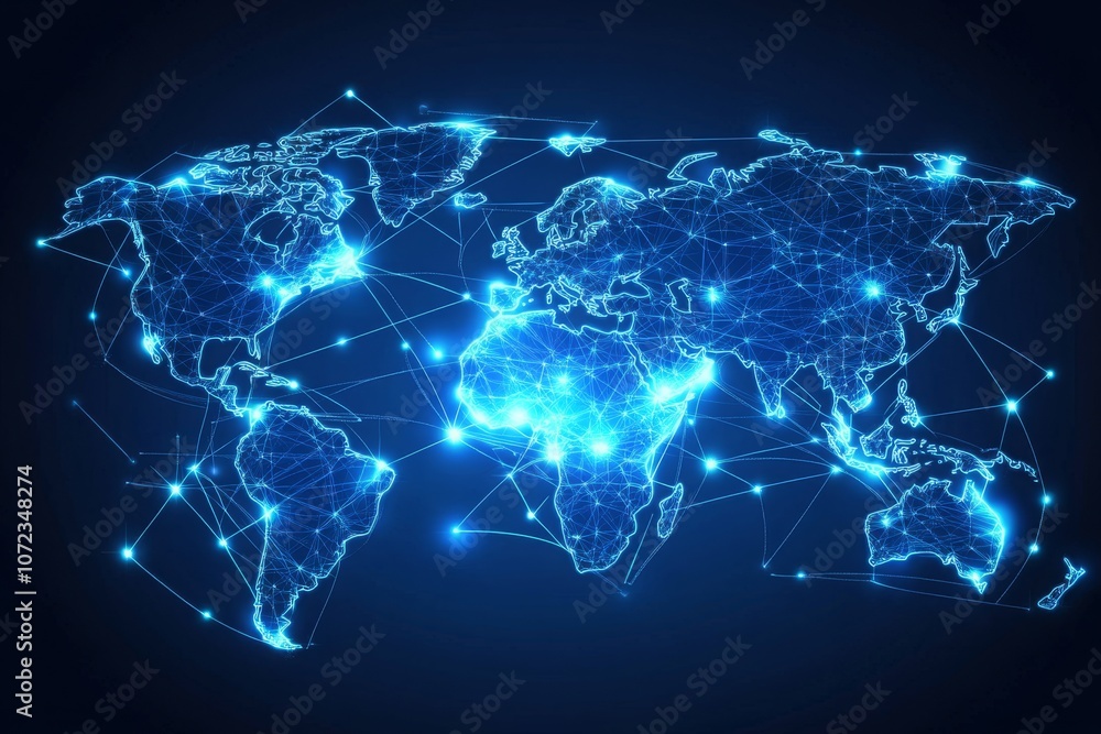 Poster glowing digital map of global network visualization