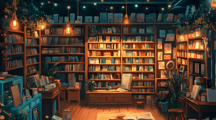 A cozy bookstore with warm lighting, wooden shelves overflowing with books, and plants adding a touch of nature.