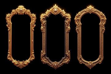 Ornate vintage gold frames isolated on black background with detailed rococo style.