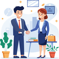 Fototapeta premium People shaking hands at work - Two businesspeople, man and woman doing handshake in office at work while smiling over business agreement and deal. Flat design stock illustration on white background