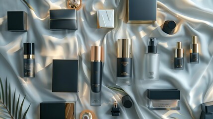 Cosmetic bottles and boxes are arranged on silky fabric under soft light. Concept luxury skincare and elegance. For beauty advertising and marketing campaigns.