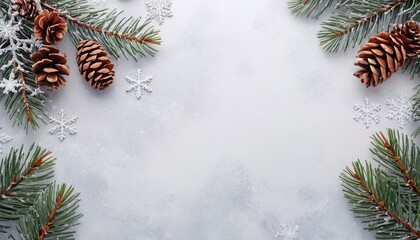 Christmas background with snowy pine branches, cones and snowflakes forming a frame on a gray surface, creating a festive and elegant setting with copy space.