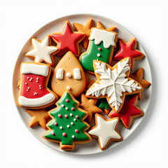 Festively decorated Christmas cookies shaped like trees, stars, stockings, and snowflakes, beautifully arranged on a plate to celebrate the joy and warmth of the holiday season with delicious treats