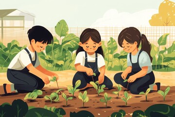 Children Planting Seeds in a Sunny Garden