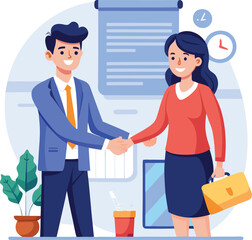 Fototapeta premium People shaking hands at work - Two businesspeople, man and woman doing handshake in office at work while smiling over business agreement and deal. Flat design stock illustration on white background