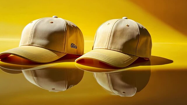 Two yellow baseball caps are lying on a yellow surface