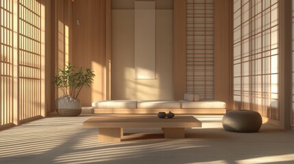 Fototapeta premium A serene, minimalist interior showcasing natural light and simple design elements.
