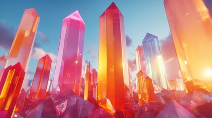 A field of vibrant, colorful crystals at sunrise, with the sky in the background.