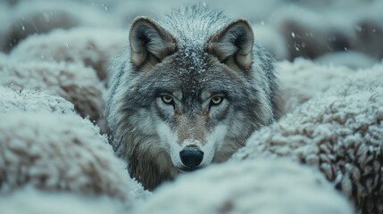 Obraz premium Wolf hidden among sheep in snowy backdrop