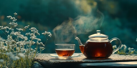 Steaming Hot Tea in a Glass Teapot and Cup on a Wooden Table