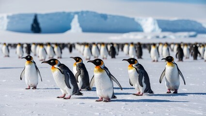 Fototapeta premium A flock of penguins on the snowy Antarctic landscape.