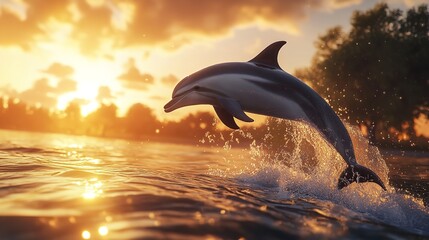 Fototapeta premium A Dolphin Jumping Through the Waves at Sunset