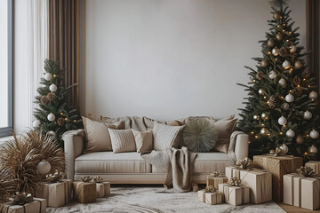 Aesthetic room interior design with Merry Christmas elements. Wall with New Year decoration in the apartment. Holiday tree in the room.