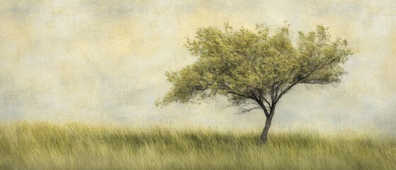 Lone tree in a grassy field under a cloudy sky