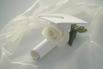 Graduation cap and white rose on soft fabric