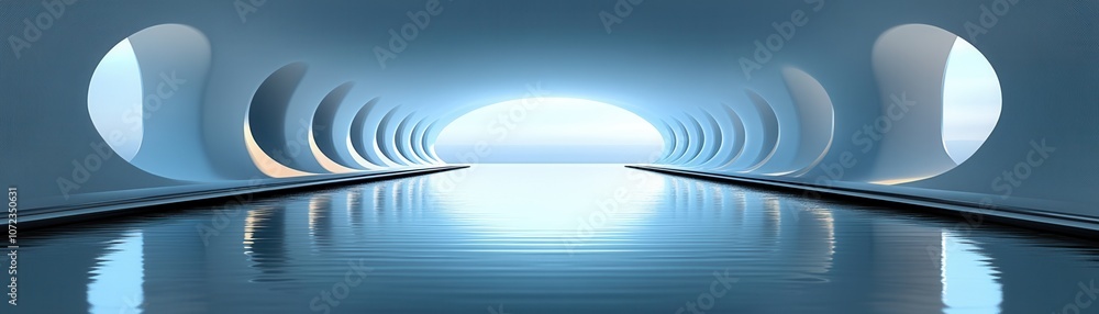 Poster a serene, futuristic corridor with soft light reflecting on the water surface, creating a tranquil a