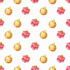 Vector seamless christmas pattern with watercolor gifts and toys. Repeatable new year cartoon background. Trendy festive print.