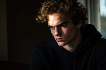 Obraz premium Pensive young man with curly hair gazing out a window