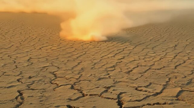 Dust devil forming over cracked dry lake bed