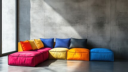 A vibrant, modern lounge area featuring colorful cushions and minimalist decor.