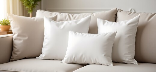 Obraz premium White decorative pillows arranged on a soft couch in a cozy living room