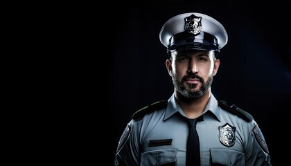 Naklejka premium Police Officer in Uniform Against Dark Background