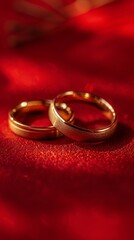 Two gold rings rest on a vibrant red surface. Concept of love and commitment. For wedding invitations.