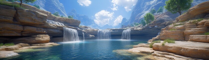 A serene waterfall cascading into a tranquil lake amidst majestic mountains under a clear blue sky.
