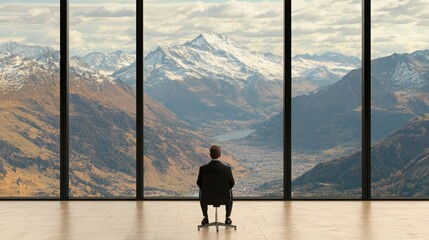 Fototapeta premium A person contemplatively gazing at stunning mountains through a large glass window.