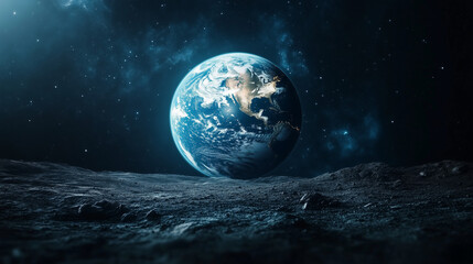 Earth planet seen from the moon's surface with dramatic lunar landscape and cosmic backdrop