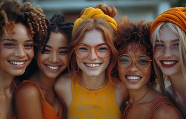 Fototapeta premium A vibrant group of young women wearing bright, matching outfits and accessories, smiling together in a cheerful, colorful setting. Perfect for themes of friendship, empowerment, and joy.