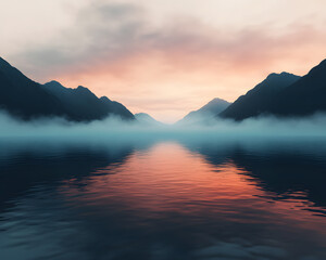 Obraz premium Experience the serene beauty of drifting fog over a still lake at dawn in tranquil foggy weather