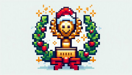 christmas themed 8bit pixel art illustration of a trophy