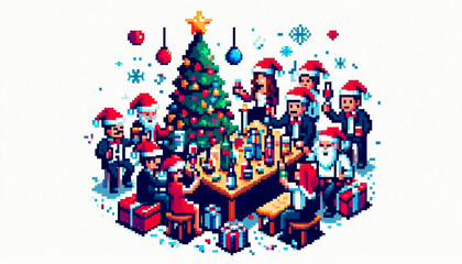 christmas themed 8bit pixel art illustration of a party