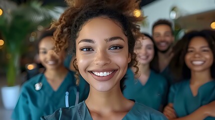 A group of cheerful healthcare professionals in scrubs, smiling confidently in a hospital or clinic setting. Ideal for healthcare, teamwork, and diversity themes.