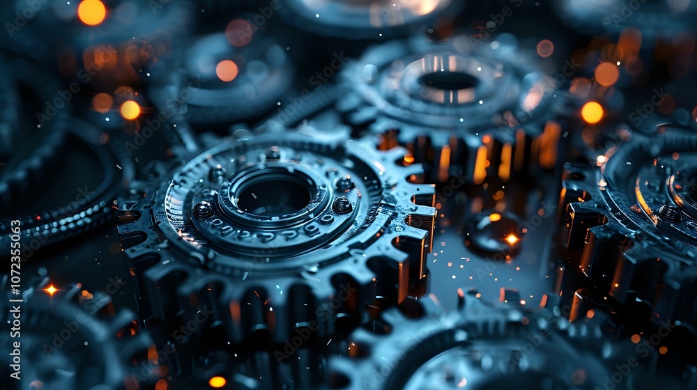 Poster a close-up view of interlocking gears with a glowing metallic finish, perfect for technology, engine