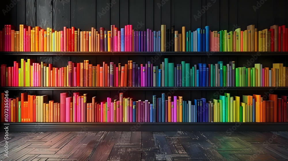Poster a stunning bookshelf with books arranged in a gradient, creating a striking rainbow effect. ideal fo