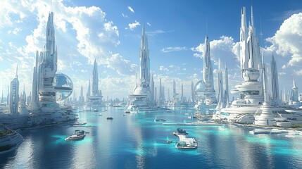 Fototapeta premium A stunning futuristic cityscape with towering skyscrapers and tranquil waters, showcasing advanced architecture and technology.