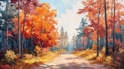 Oil painting an autumn colorful landscape, beautiful orange red trees in the forest