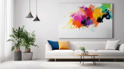 Bright and modern living room featuring colorful abstract art and vibrant decor.