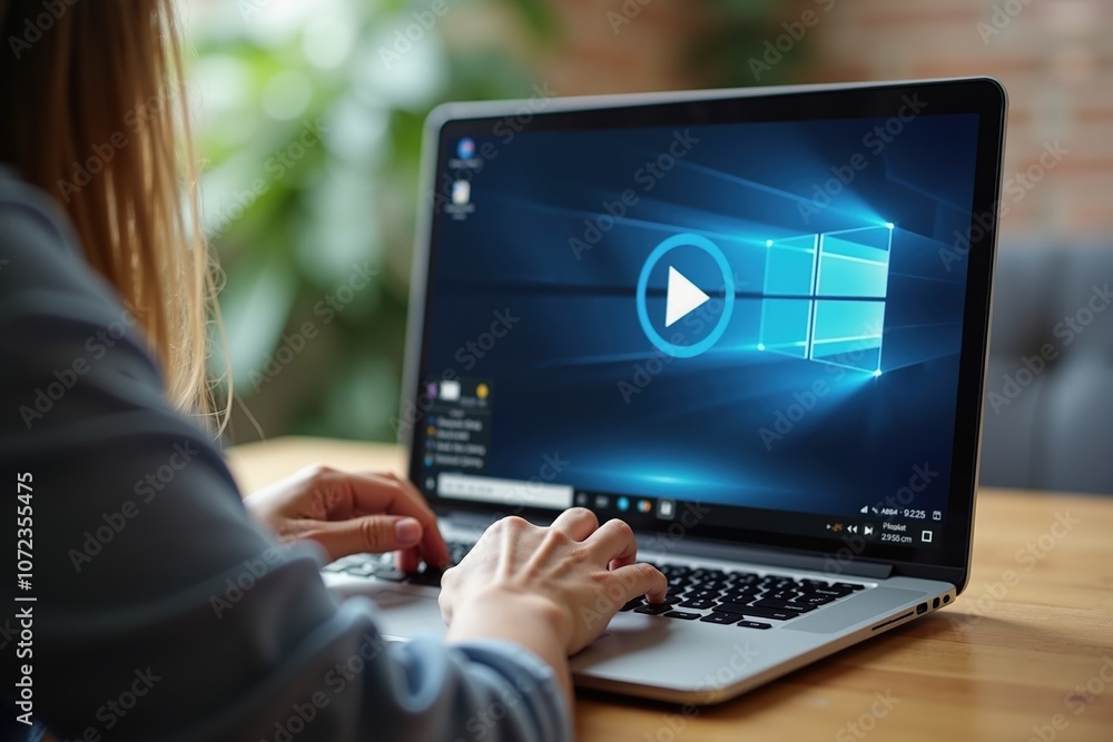 Aufkleber person using laptop with windows operating system and home screen displayed on desk.